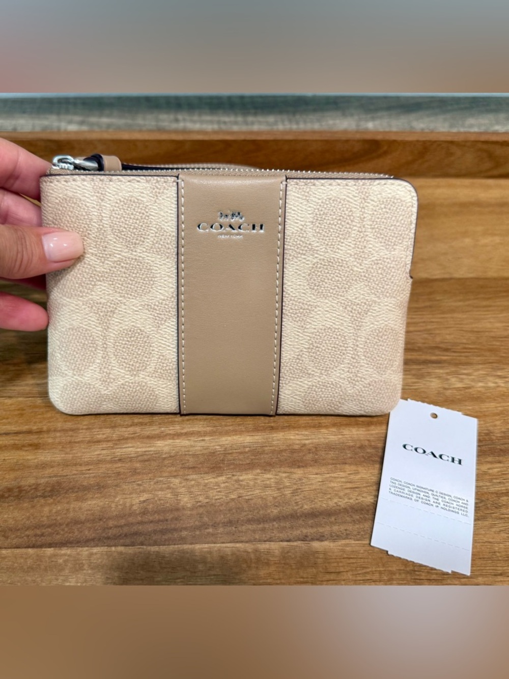 Coach Signature Zip Wallet/Wristlet with Smooth Leather Trim, Sand/Taupe, NWT